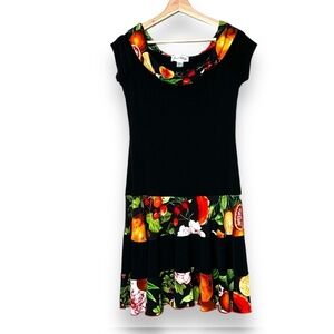 JOSEPH RIBKOFF Tropical Fruit Print Dress Cap Sleeves Popover Style Cowl Neck 8
